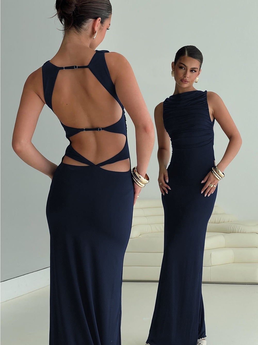Princess Polly Navy Ruched Open-Back Maxi Dress
